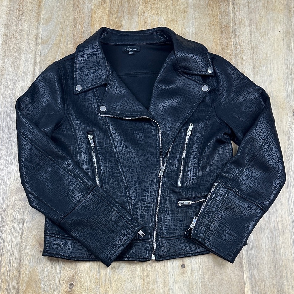 Shinestar Black Textured Jacket Leather Look- Soft Fabric Feel - Picture 7 of 10
